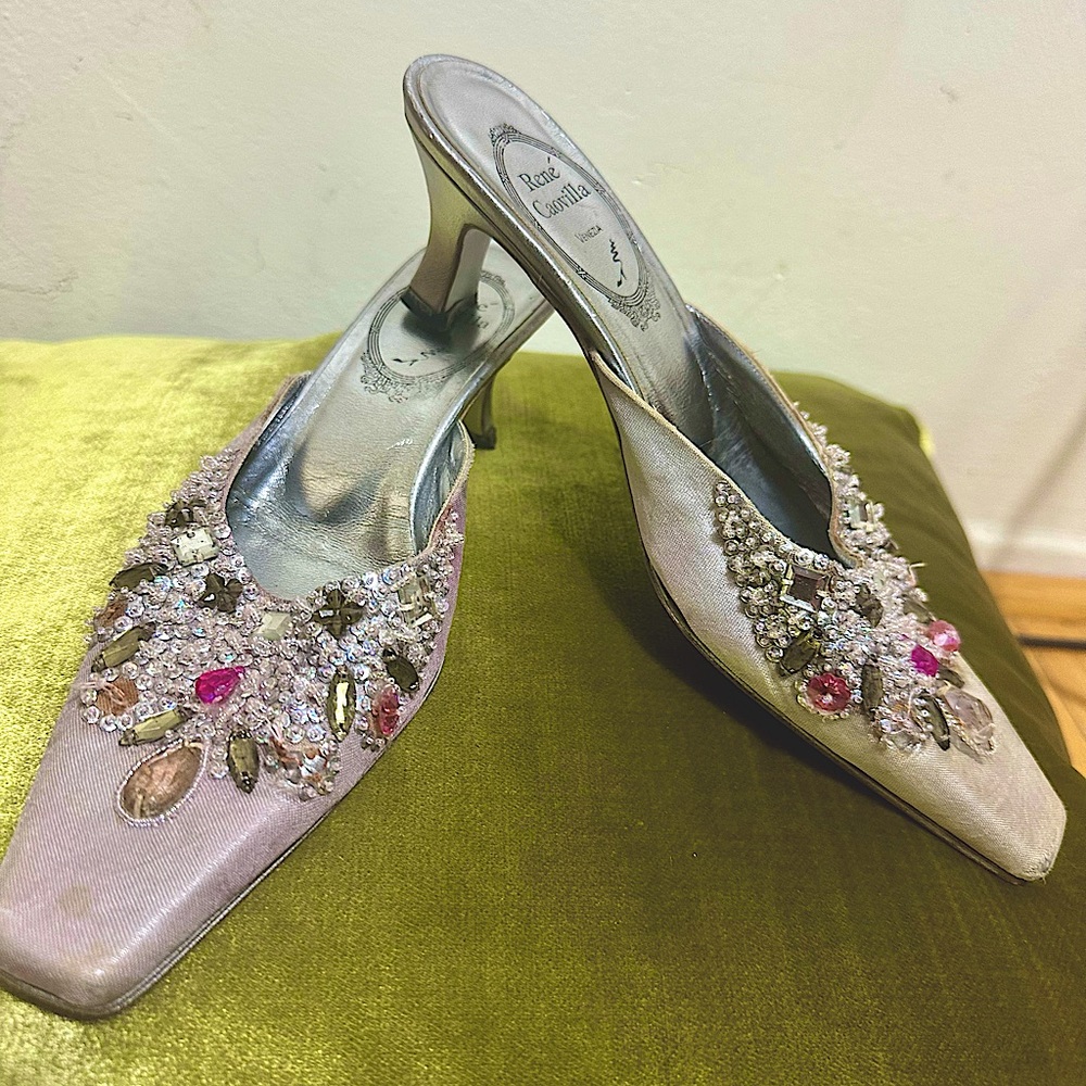 beaded stoned and embellished Rene Caovilla silver kitten heel mule sz 7.5